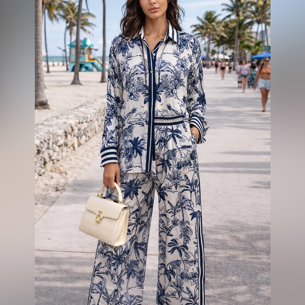 Italian Satin Tropical Jungle Print 2 Piece Set Women Palm Shirt Pants OS - Picture 4 of 11
